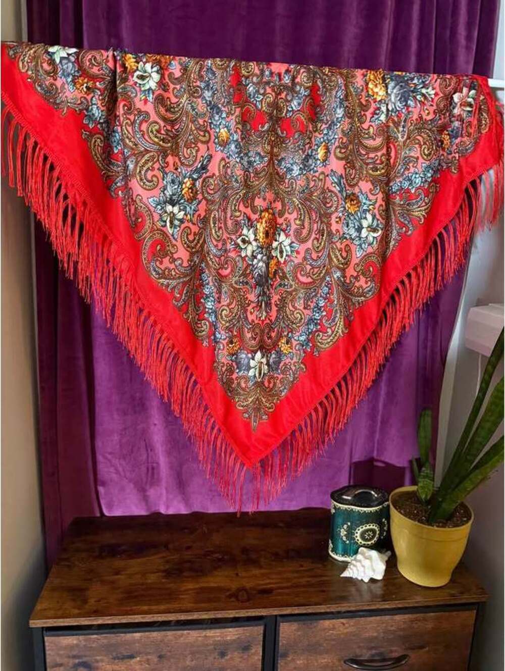 Vivid Red scarf New! Fringe 34" square